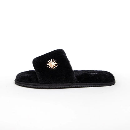Plush Jeweled Flower Faux Fur House Slippers