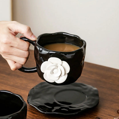 Textured Camellia Floral Ceramic Mug & Saucer Set
