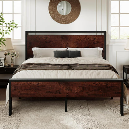 Estrutura da cama Allewie King Size com cabeceira e estribo de madeira, suporte para 12 ripas de metal para serviço pesado, sem necessidade de molas, armazenamento sob a cama, antiderrapante sem ruído, fácil montagem, nogueira