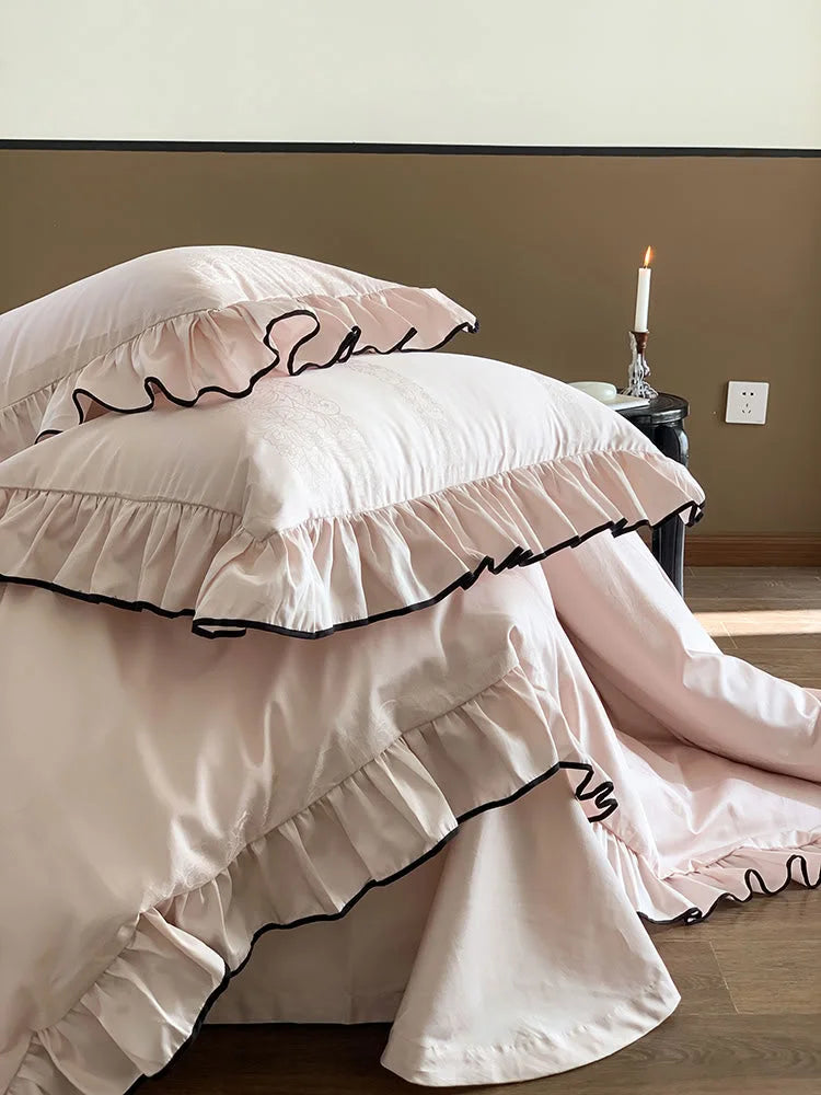 Silky Ruffled Jacquard Tencel Bedding Set with Contrast Trim