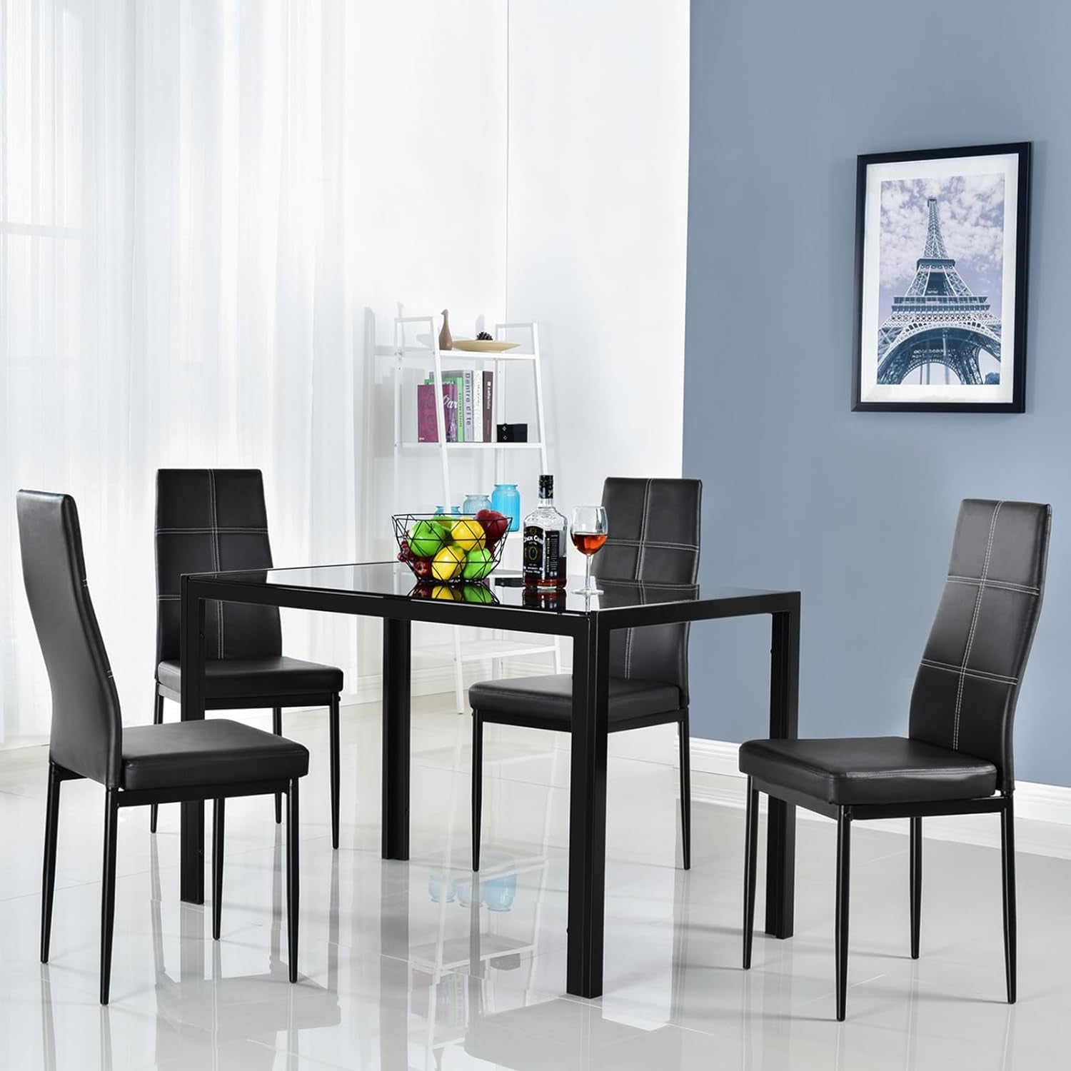 Bonnlo 5 Piece Modern Table Set for 4,Kitchen Table and Chairs for 4,Black Glass Small Kitchen Table and PU Leather Chairs for Dining Room Small Spaces,Metal Frame,Black Dining Room Furniture Furniture Home & Kitchen Table & Chair Sets