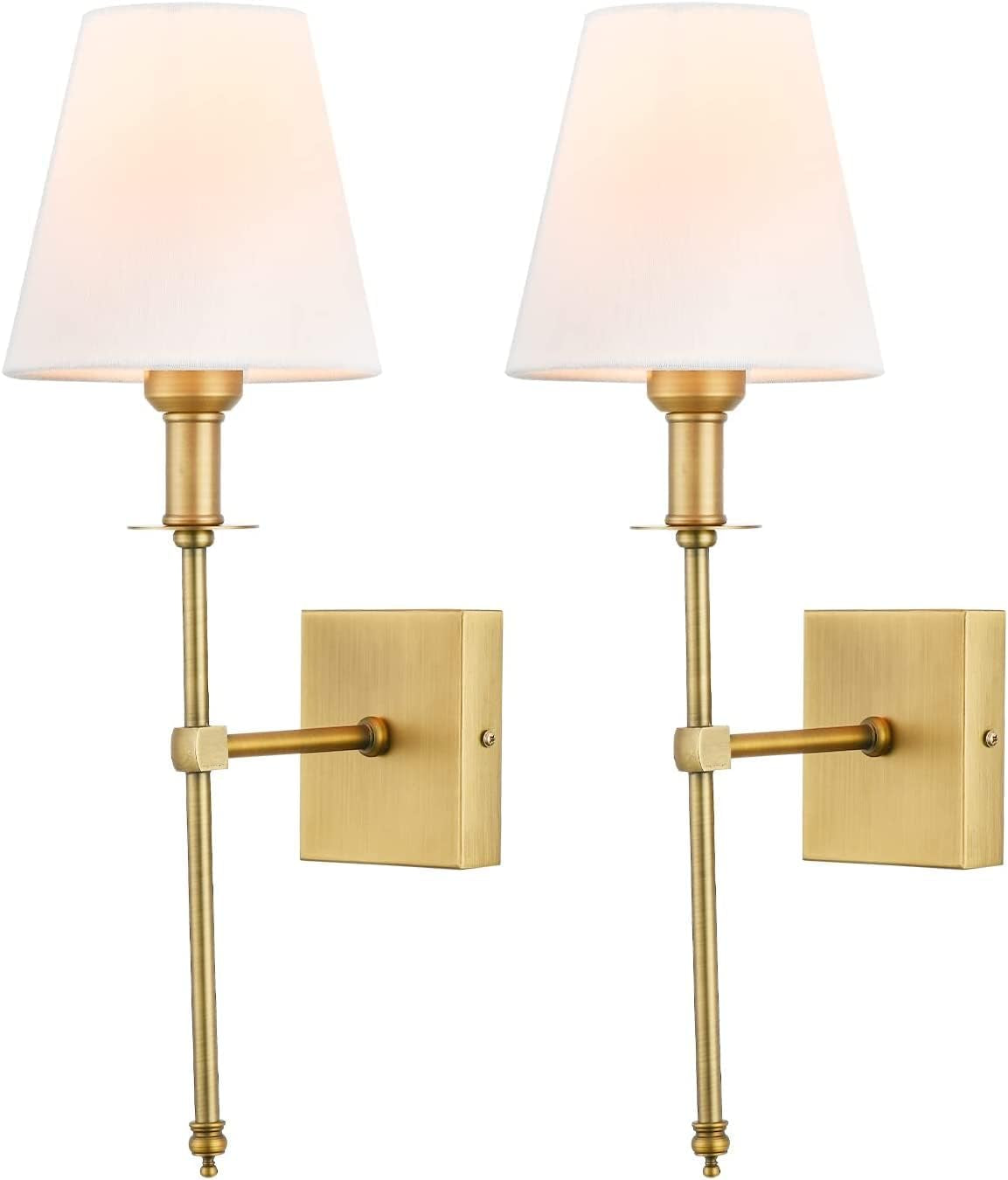 Bsmathom Wall Sconces Sets of 2, Brushed Brass Sconces Wall Lighting with Fabric Shade, Hardwired Column Stand Bathroom Vanity Light Fixture for Hallway, Entryway, Passway Kitchen, Gold Lighting & Ceiling Fans Tools & Home Improvement Wall Lamps & Sconces Wall Lights