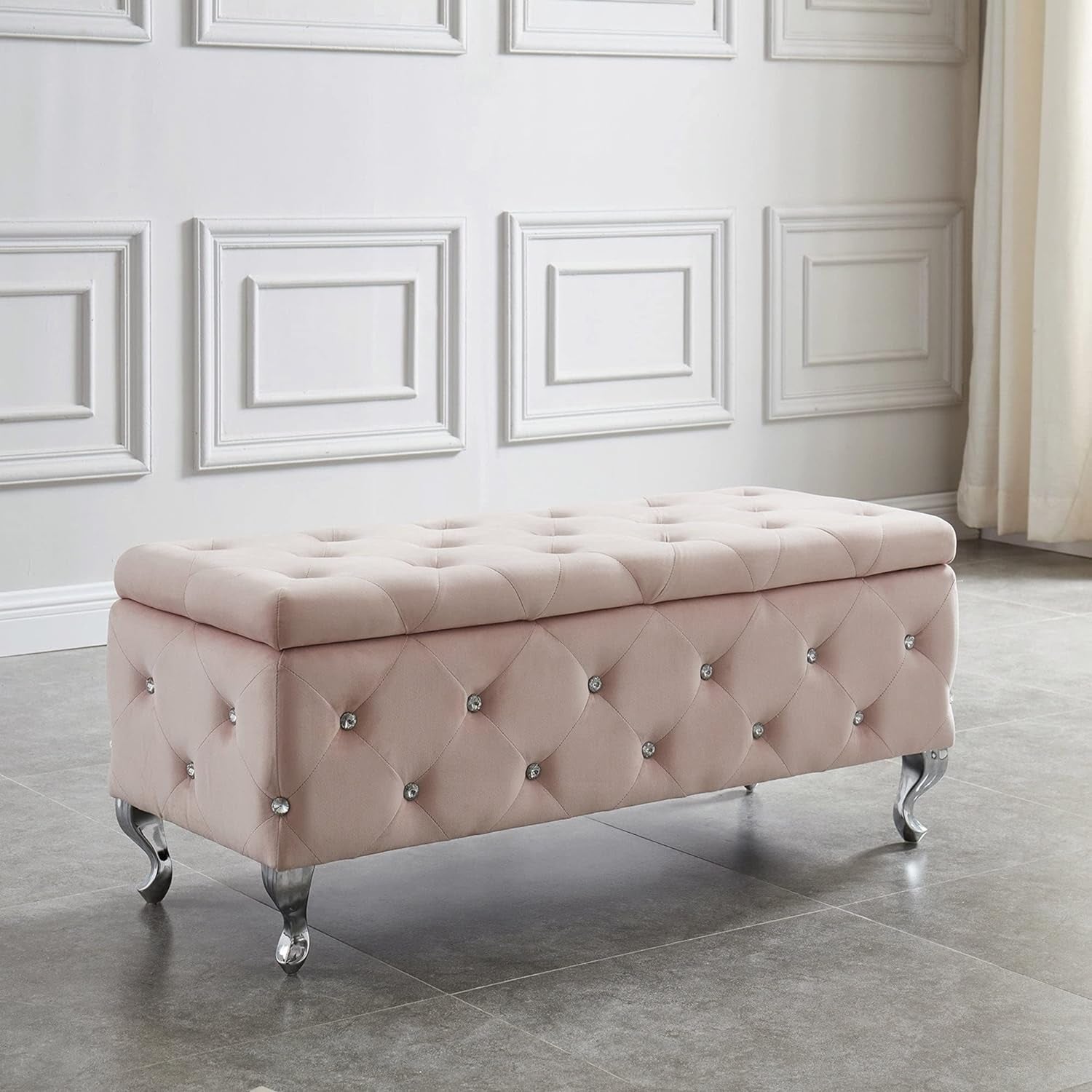 Contemporary Velvet & Metal Rectangular Storage Ottoman in Blush Pink Furniture Home & Kitchen Living Room Furniture Ottomans