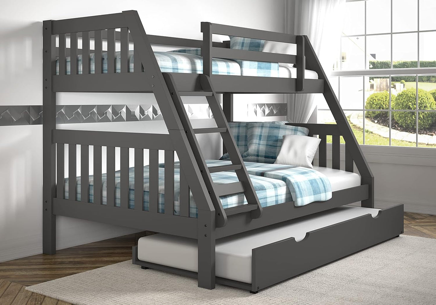 Donco Kids Austin Mission Twin over Full Dark Grey Bunkbed with Twin Trundle Bedroom Furniture Beds Frames & Bases Furniture Home & Kitchen