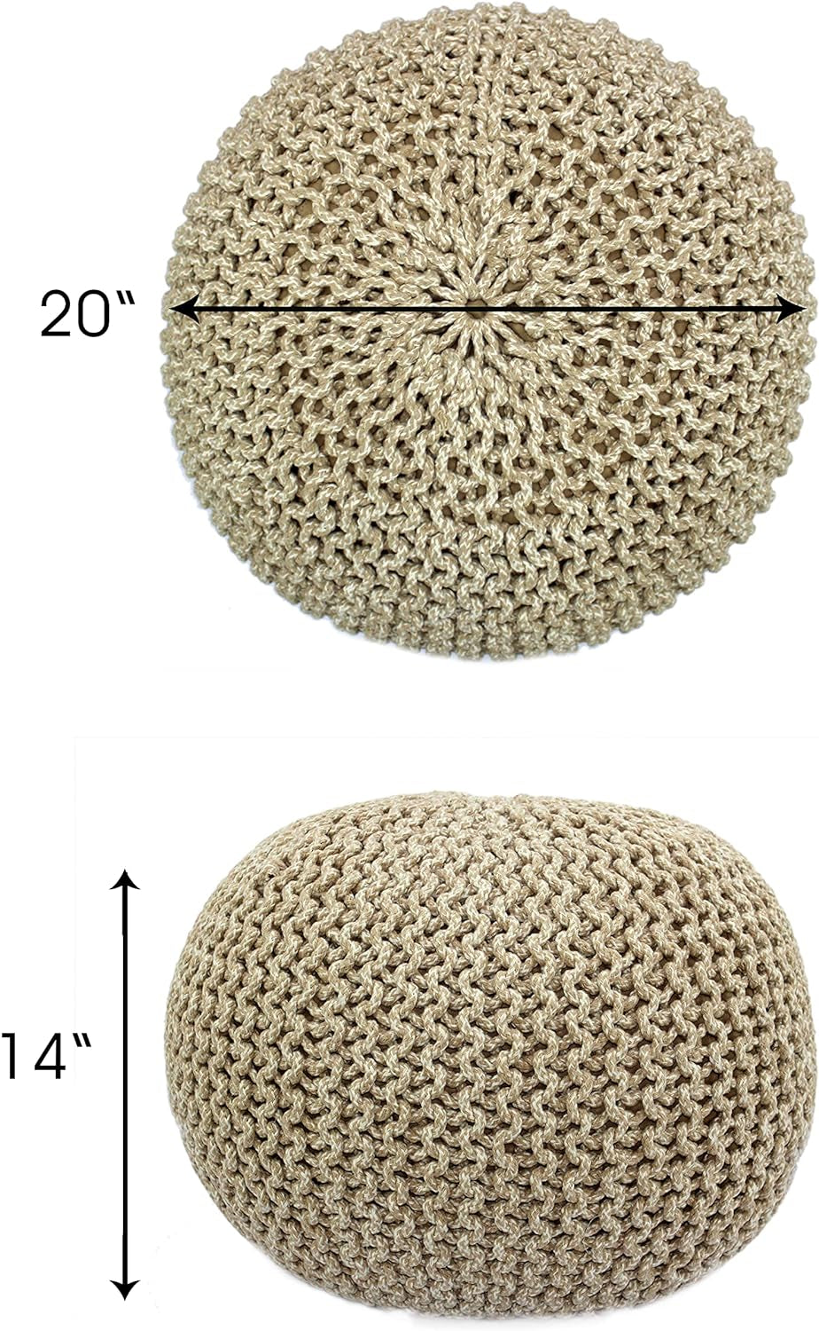 COTTON CRAFT round Pouf - Hand Knitted Tweed Cable Dori Pouf Ottoman - Cotton Braid Cord Foot Stool Floor Pouf Footrest Accent Seat Furniture Bean Bag - Family Room Kids Nursery Dorm - 20X14 - Natural Furniture Home & Kitchen Living Room Furniture Ottomans