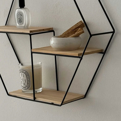 Geometric Hexagon Metal & Wood Wall Shelf