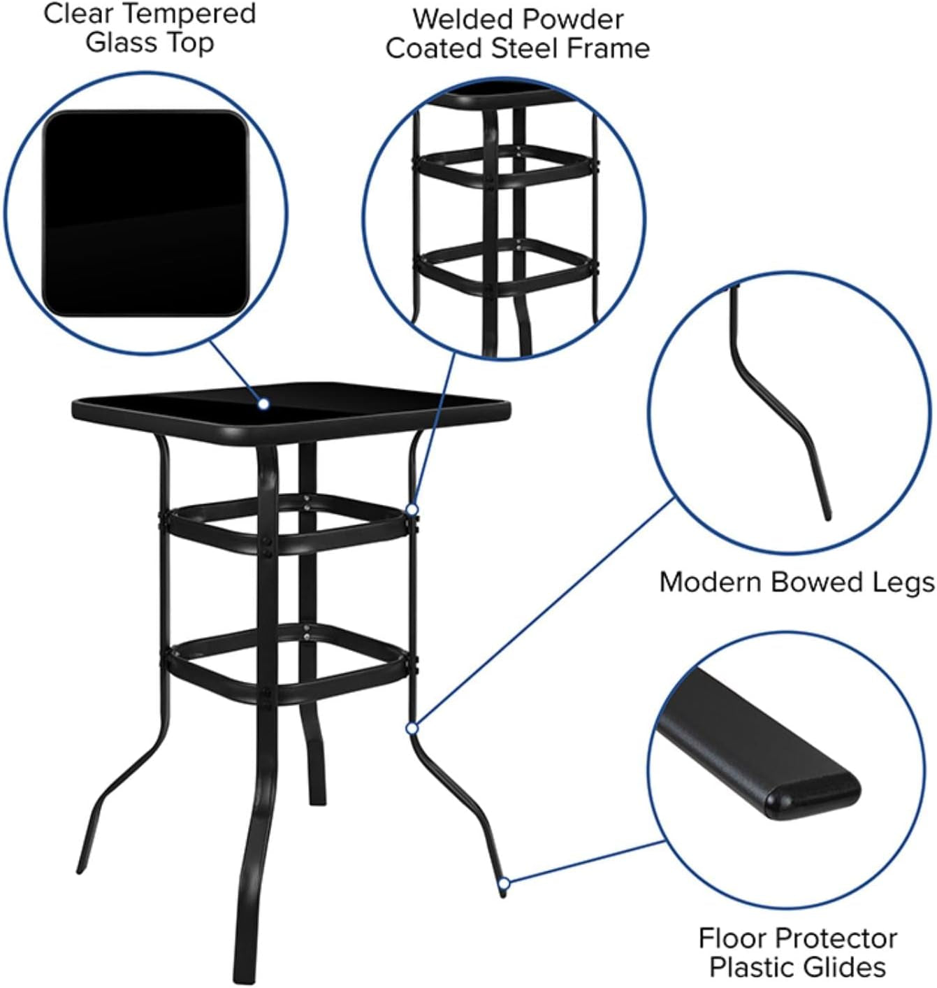 Flash Furniture Barker 27.5" Square Black Tempered Glass Bar Height Metal Patio Bar Table Bar Tables Lawn & Garden Patio Patio Furniture & Accessories Tables