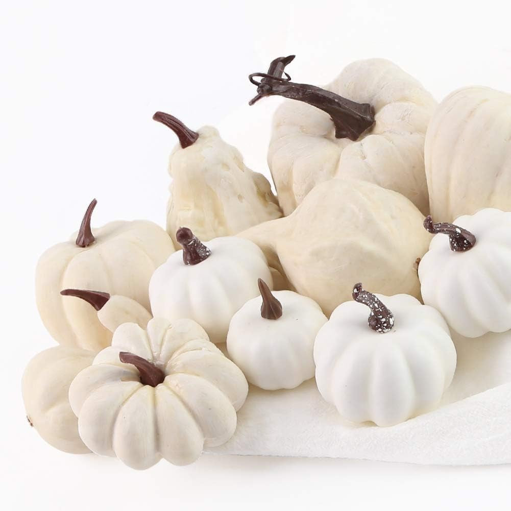 Domestar 50 PCS Thanksgiving Artificial Pumpkins and Gourds Set, 8 PCS Fake Pumpkins, 12 PCS Pinecones and Acorns, 30 PCS Fake Maple Leaves Fall Wedding Tables Centerpieces Artificial Plants & Flowers Artificial Vegetables Home & Kitchen Home Décor Products