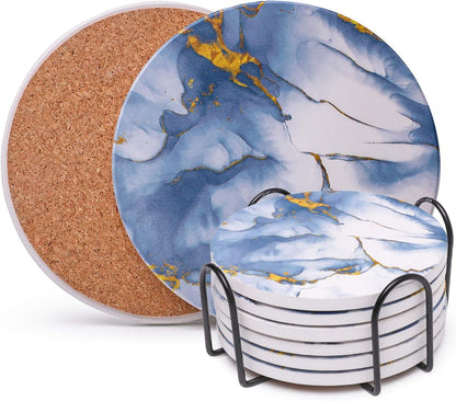 Coasters for Drinks, Absorbent Drink Coasters with Holder (6-Piece Set), Marble Coasters, Ceramic Blue Coasters Set for Home and Kitchen - Glacier Bar Tools Bar Tools & Drinkware Coasters Dining & Entertaining Home & Kitchen Kitchen & Dining