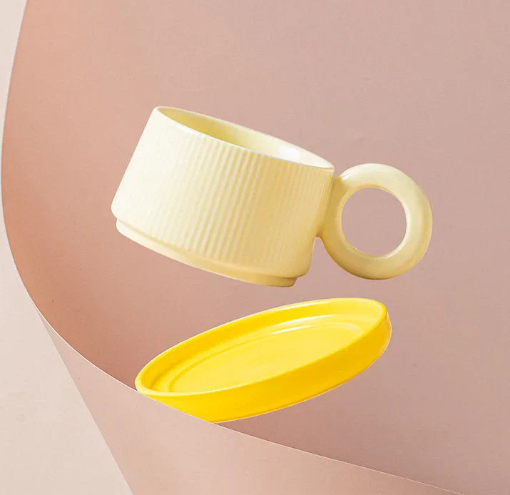 Ribbed Ceramic Donut Handle Mug and Saucer Set