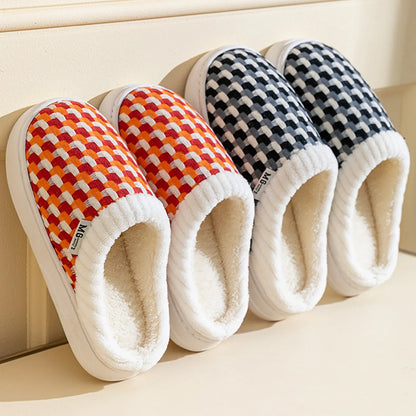 Fuzzy Woven Gingham Plush House Slippers