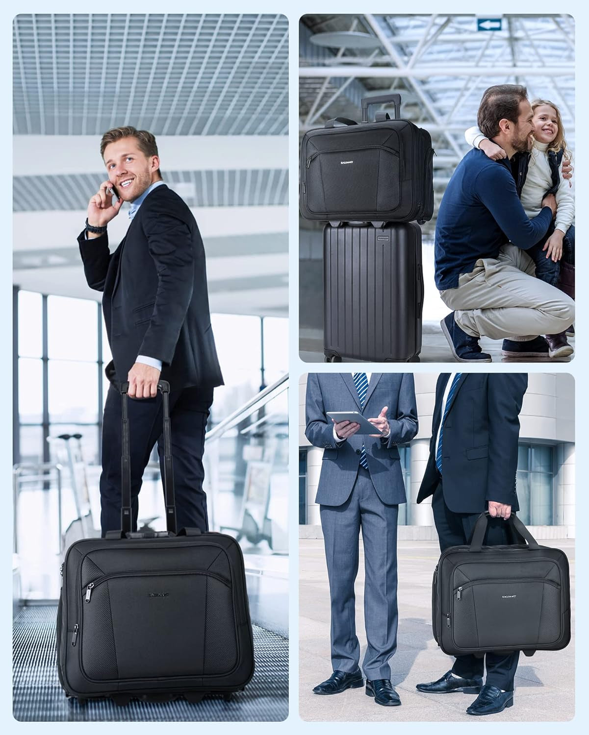 Bolsa para laptop com rodinhas BAGSMART, maleta com rodinhas de 17,3 polegadas com rodas para homens e mulheres, bolsa grande para computador com rodinhas para viagens de trabalho e negócios, preta