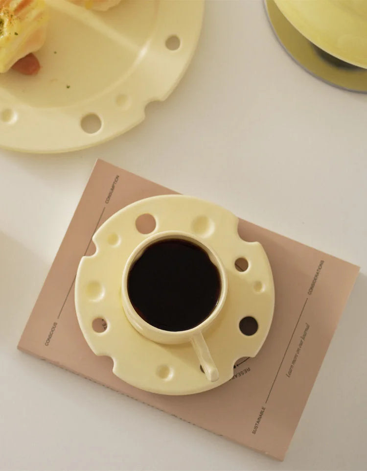 Whimsical Cheese Ceramic Mug & Saucer Set