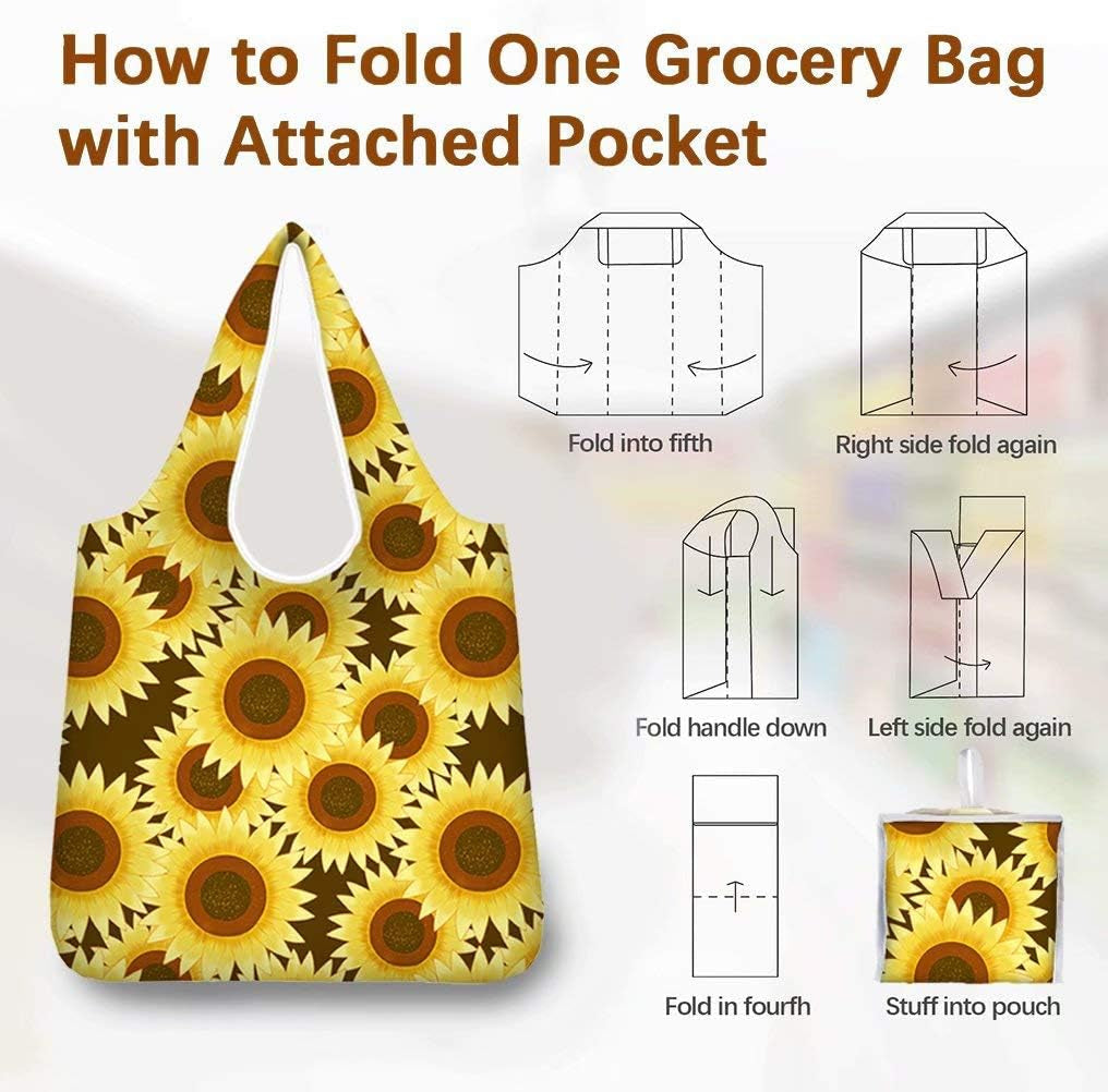 AFPANQZ Sunflower Grogcery Bag Foldable into Attacted Pocket Machine Washable Reusable Shopping Bags for Groceries Polyester Grocery Tote with Handle Heavy Duty Shoulder Totes Storage Yellow Black