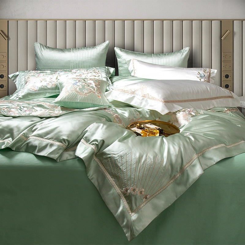 Esana Green Embroidered Egyptian Cotton Satin Bedding Set