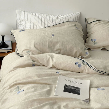 Textured Blueberry Embroidered Linen Bedding Set