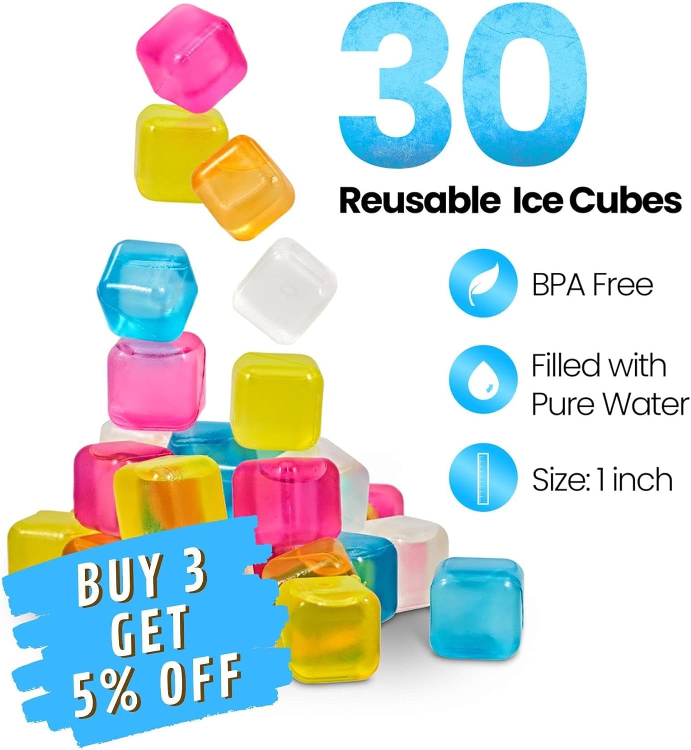 Reusable Ice Cubes for Drinks - Chills Drinks without Diluting Them - Made from BPA Free Plastic - Refreezable, Washable, Quick and Easy to Use - Pack of 30 with Storage Container by Efiwasi Home & Kitchen Ice Cube Molds & Trays Kitchen & Dining Kitchen Utensils & Gadgets Specialty Tools & Gadgets