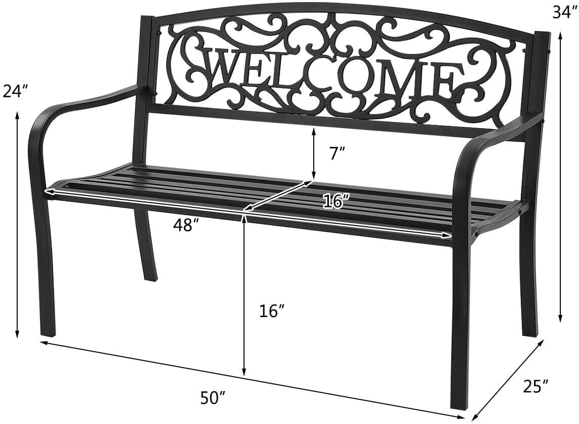 Giantex Garden Bench, Antique Metal outside Bench W/Warm Welcome Pattern, Elegant Bronze Finish and Durable Iron Frame for Park Yard Porch Chair (Black) Benches Lawn & Garden Patio Patio Furniture & Accessories Patio Seating