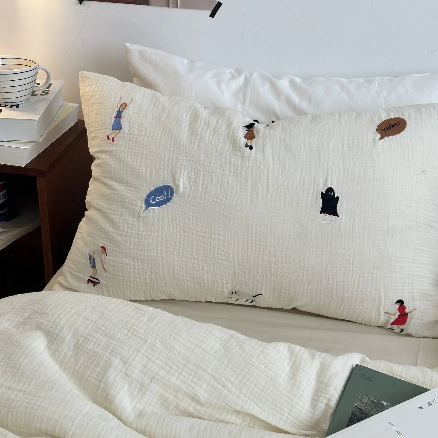 Textured Whimsical Embroidered Washed Cotton Bedding Set