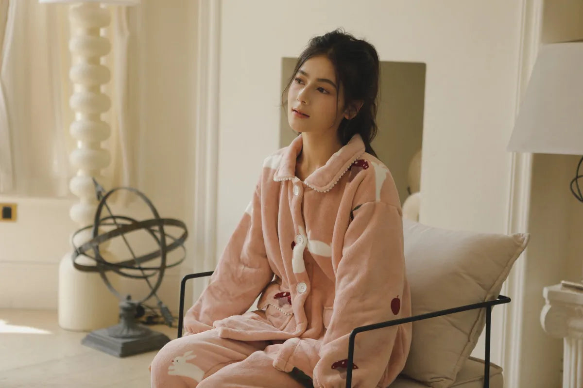 Plush Rabbit & Mushroom Flannel Fleece Pajama Set
