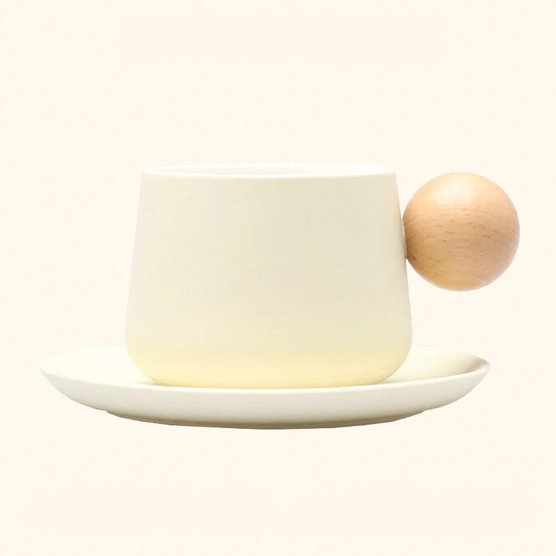 Frosted Ceramic Mug and Saucer with Wooden Ball Handle