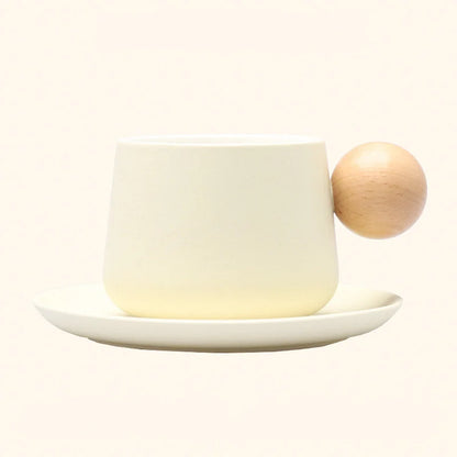 Frosted Ceramic Mug and Saucer with Wooden Ball Handle