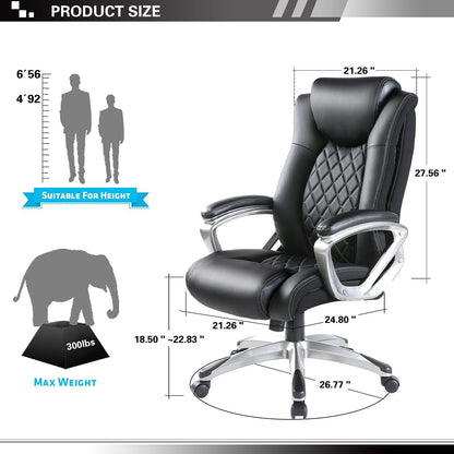 High Back Executive Office Chair 300Lbs - Adjustable Built-In Lumbar Support, Ergonomic Leather Computer Desk Chair with Padded Armrest Swivel Chair for Home and Office (Black) Chairs & Sofas Managerial & Executive Chairs Office Furniture & Lighting Office Products