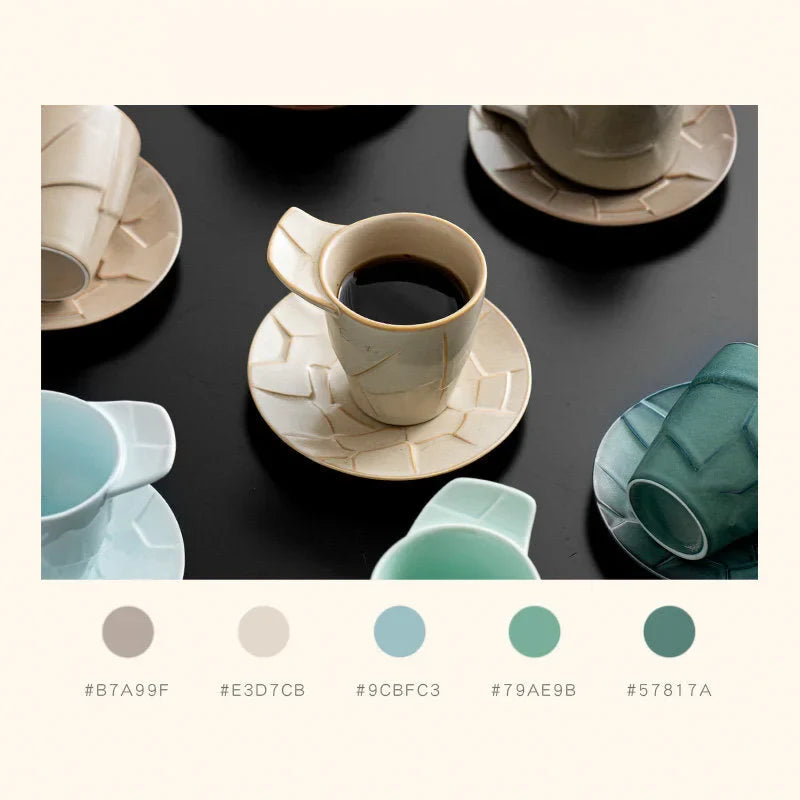 Textured Geometric Ceramic Coffee Cup & Saucer Set