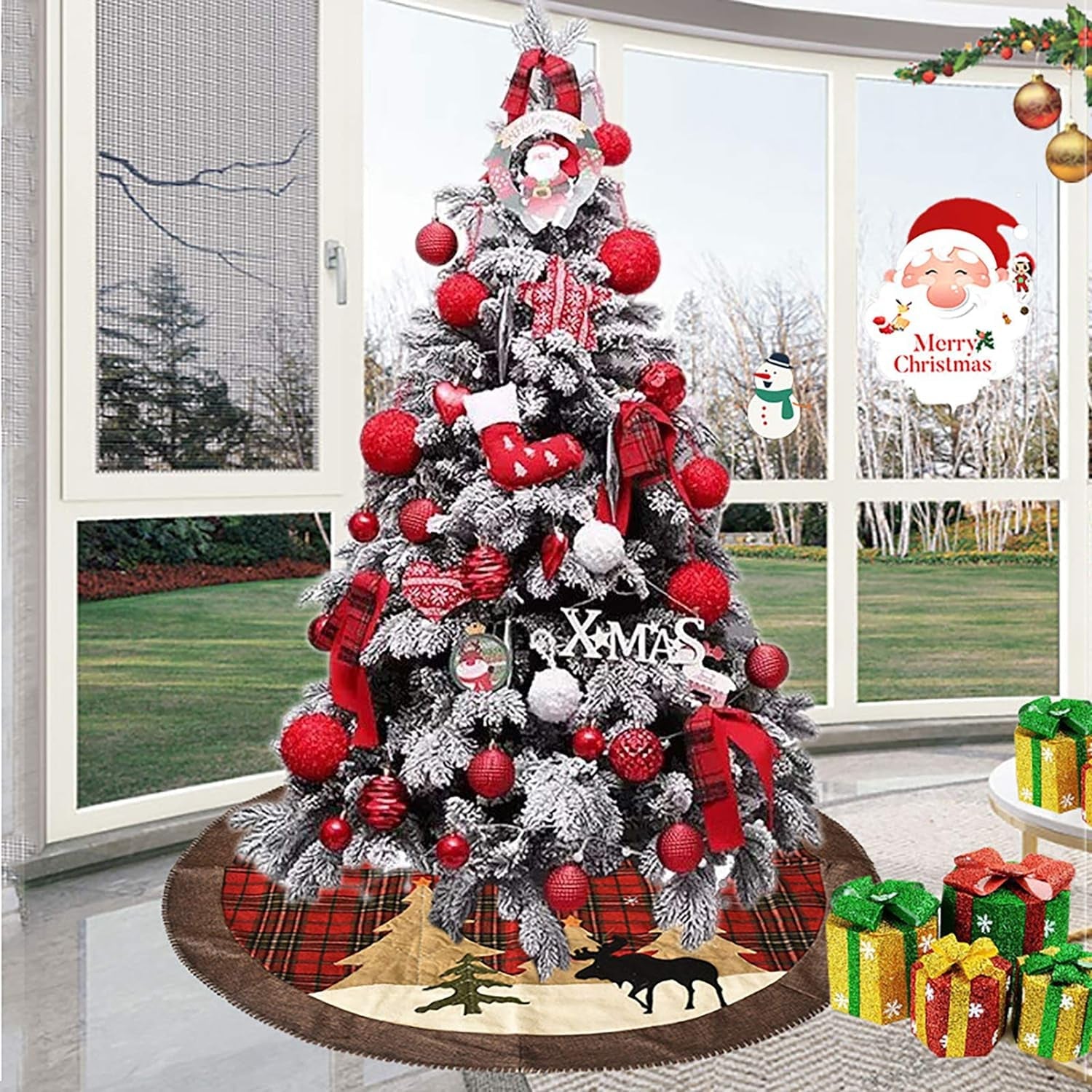 Christmas Tree Skirt 48Inch Double Layers Xmas Tree Skirt for Christmas Decorations Winter New Year House Decoration Supplies Holiday Ornaments Indoor Outdoor