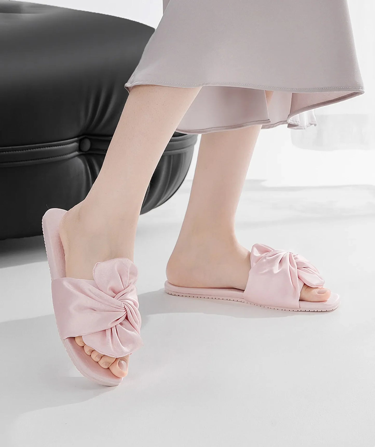 Silky Ruched Bow Cotton Sateen House Slippers