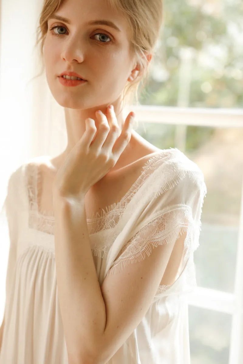 Silky Soft Lace Trim Cotton Sateen Pajama Dress