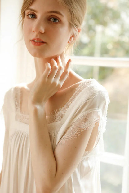 Silky Soft Lace Trim Cotton Sateen Pajama Dress