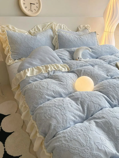 Plush Ruffled Embossed Bow Flannel Fleece Bedding Set