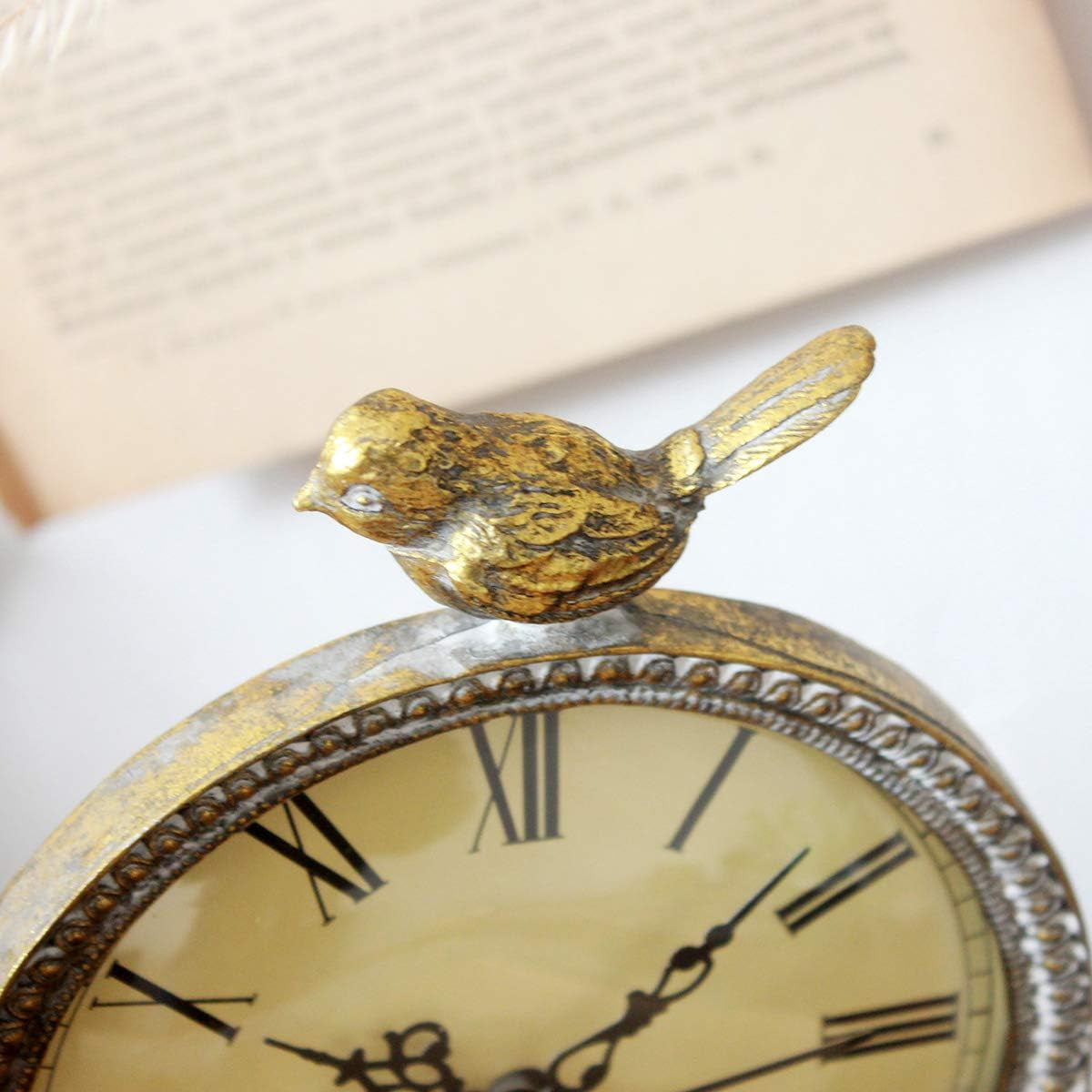 Funly Mee Vintage Pewter Table Clock with Cute Bird,Antique Gold Clocks Desk & Shelf Clocks Home & Kitchen Home Décor Products