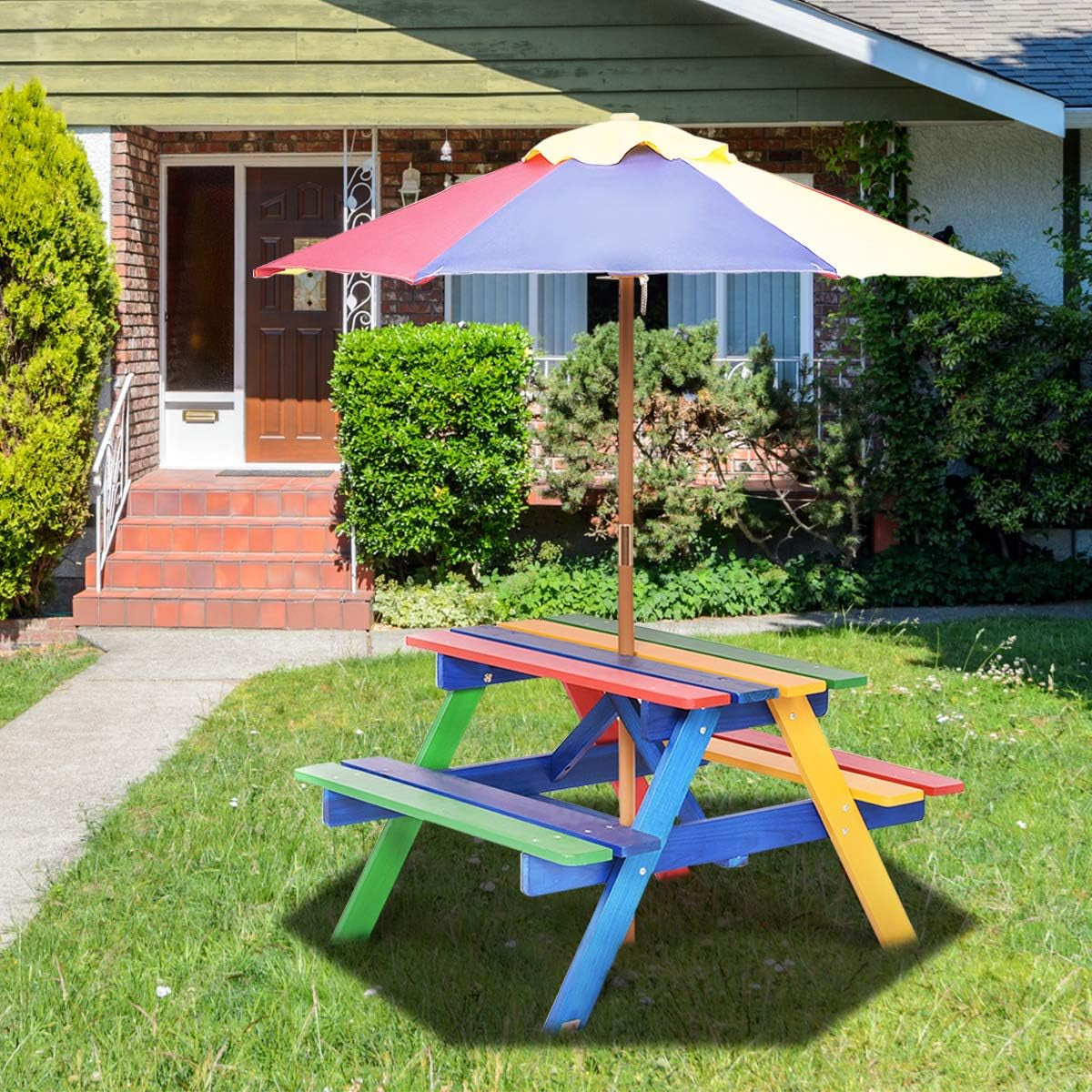 Costzon Kids Picnic Table Set, Colorful Wood Picnic Table and Benches with Removable/Folding Umbrella, Children Rainbow Bench Outdoor Patio Set Lawn & Garden Patio Patio Furniture & Accessories Picnic Tables Tables