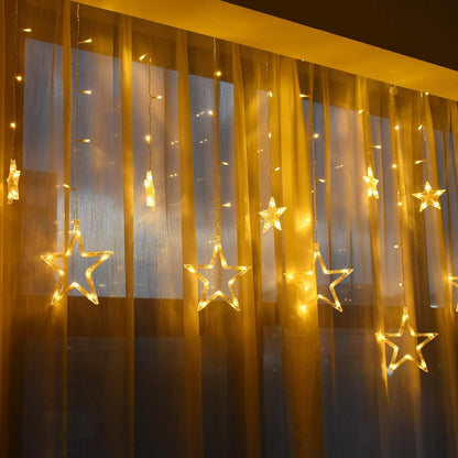 EEFOW Christmas Star Curtain Lights for Window - 138 LED 12 Stars String Lamp 8 Lighting Modes Fairy Xmas Decorations for Party Gift Outdoor Indoor Home Decor Bedroom Warm White US Plug