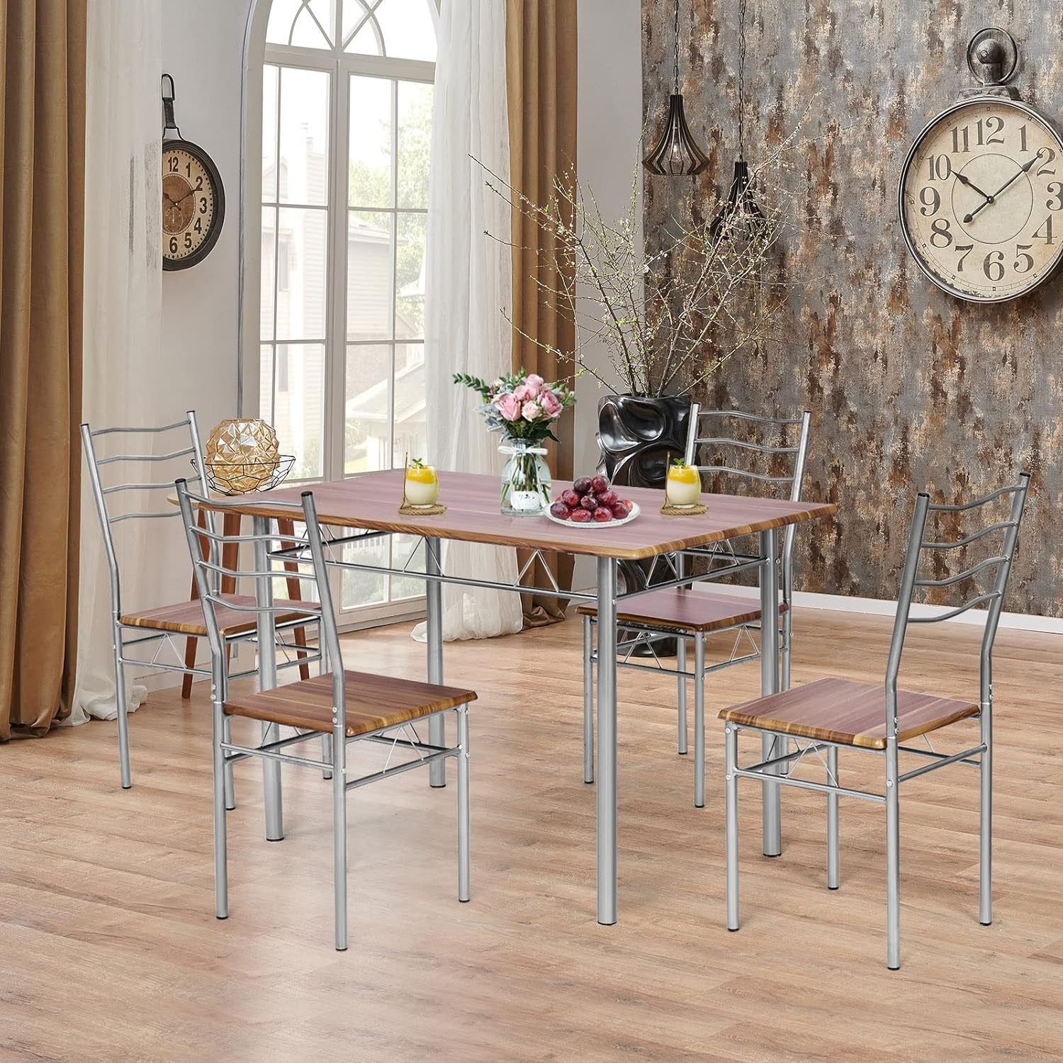 COSTWAY 5 Pieces Dining Room Table Set, Modern Kitchen Table Set with Metal Framework & Anti-Slip Pads, Dining Furniture Set with 4 High Back Chairs for Dining Room, Restaurant and Cafe (Natural Wood) Dining Room Furniture Furniture Home & Kitchen Table & Chair Sets