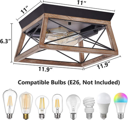 Wooden Flush Mount Ceiling Light, 2 Lights Farmhouse Light Fixtures, Retro Close to Ceiling Light Fixtures with Wood Shade for Hallway Entryway Kitchen Living Room Dining Room Bedroom Balcony