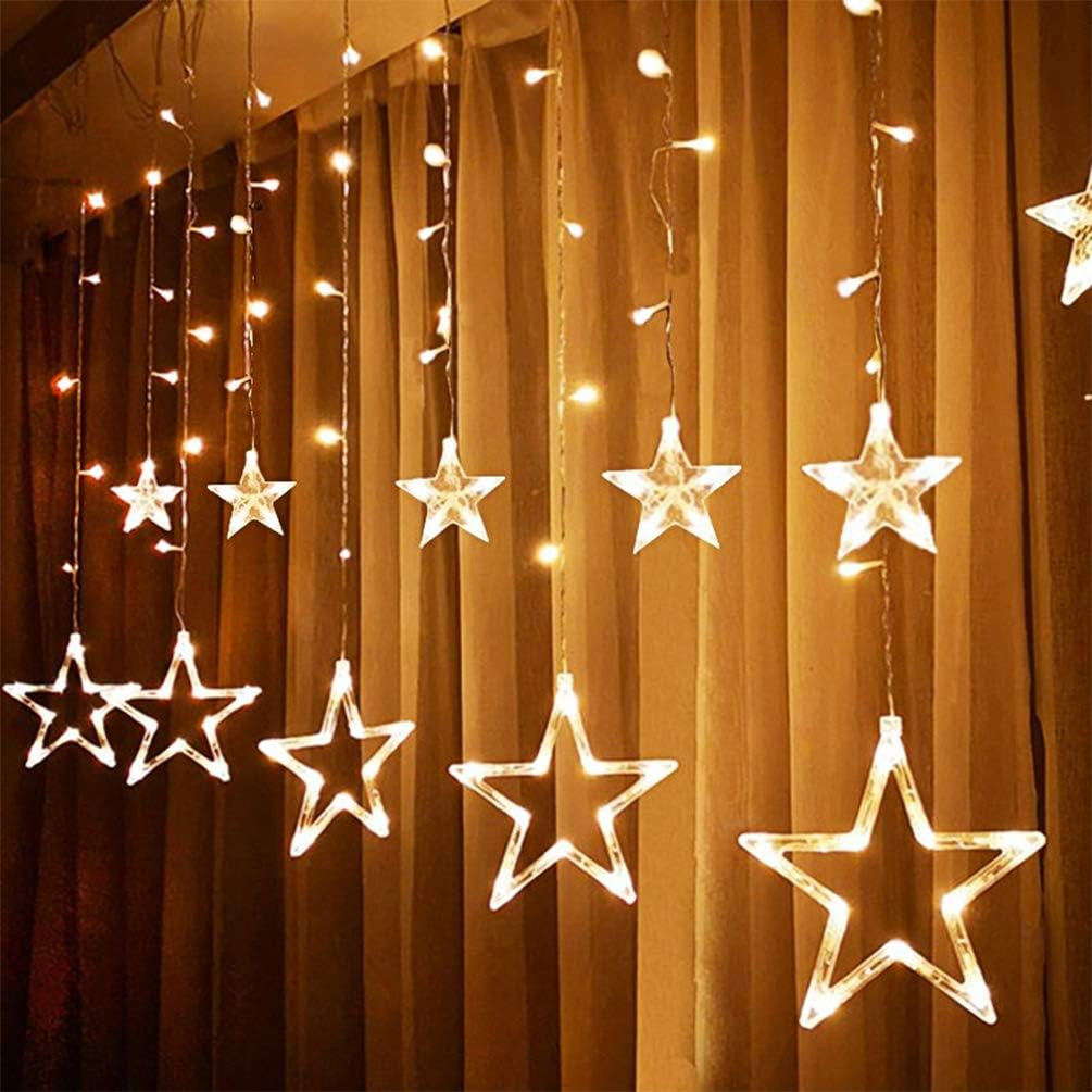 EEFOW Christmas Star Curtain Lights for Window - 138 LED 12 Stars String Lamp 8 Lighting Modes Fairy Xmas Decorations for Party Gift Outdoor Indoor Home Decor Bedroom Warm White US Plug