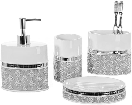 Creative Scents Bathroom Accessory Set - White and Gray Bathroom Décor Set - 4 Piece Decorative Bathroom Set Includes: Soap Dispenser, Soap Dish, Toothbrush Holder and Tumbler (Mirror Damask) Bath Bathroom Accessories Bathroom Accessory Sets Home & Kitchen