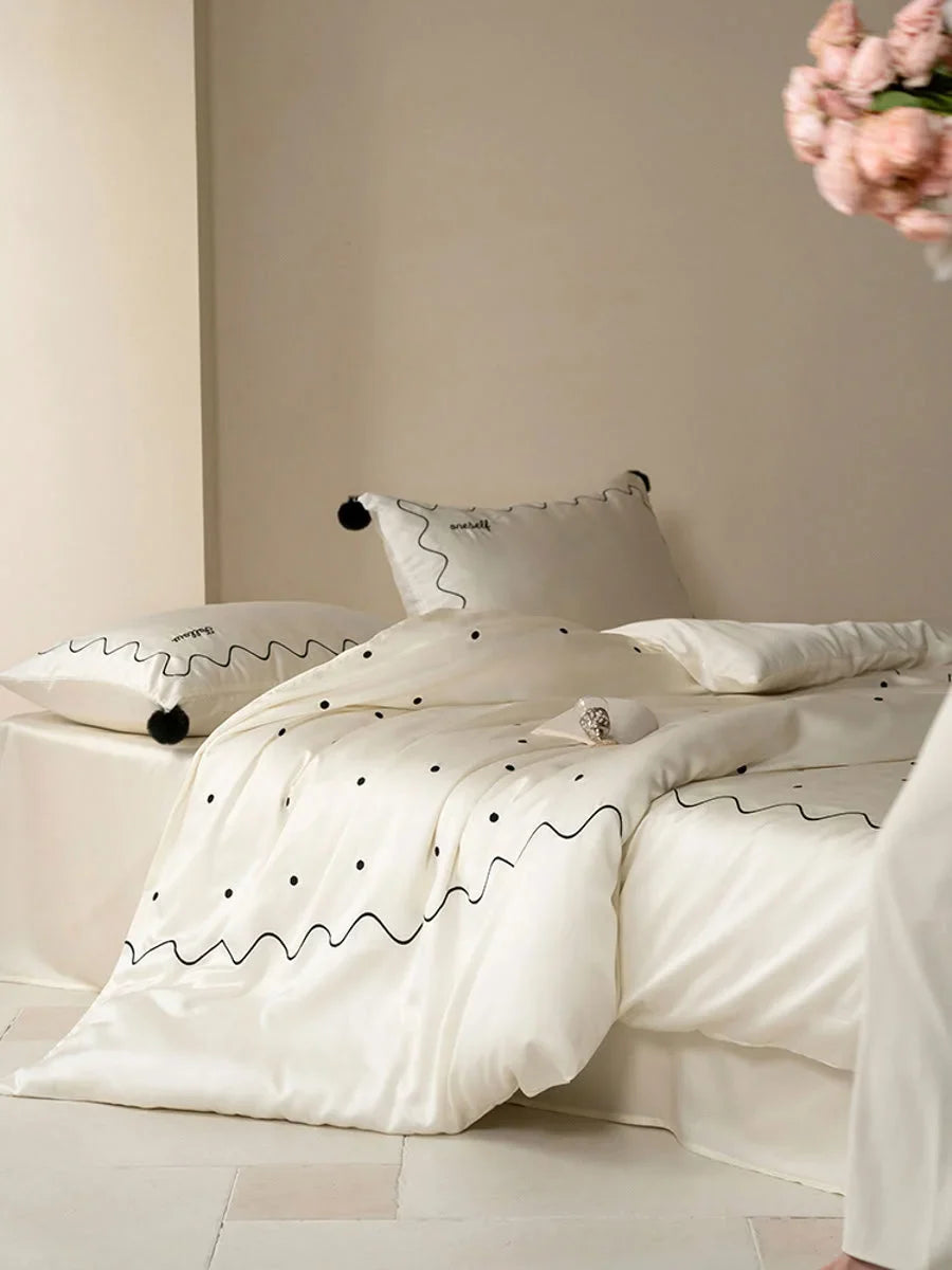 Silky Pom Pom Wavy Embroidered Tencel Bedding Set