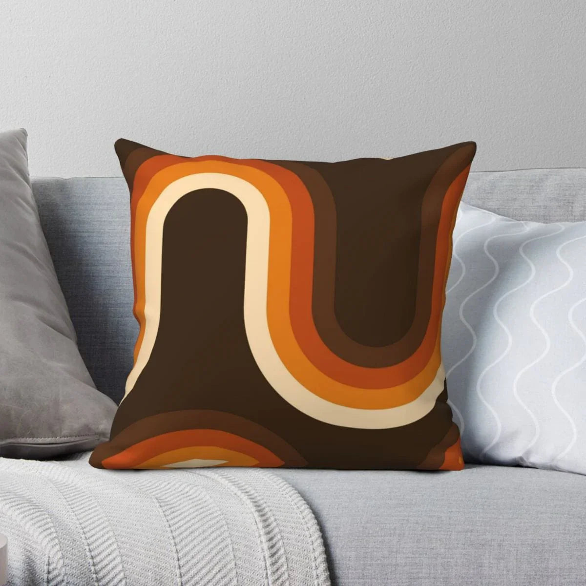 Housse de coussin vagues orange et marron des années 70