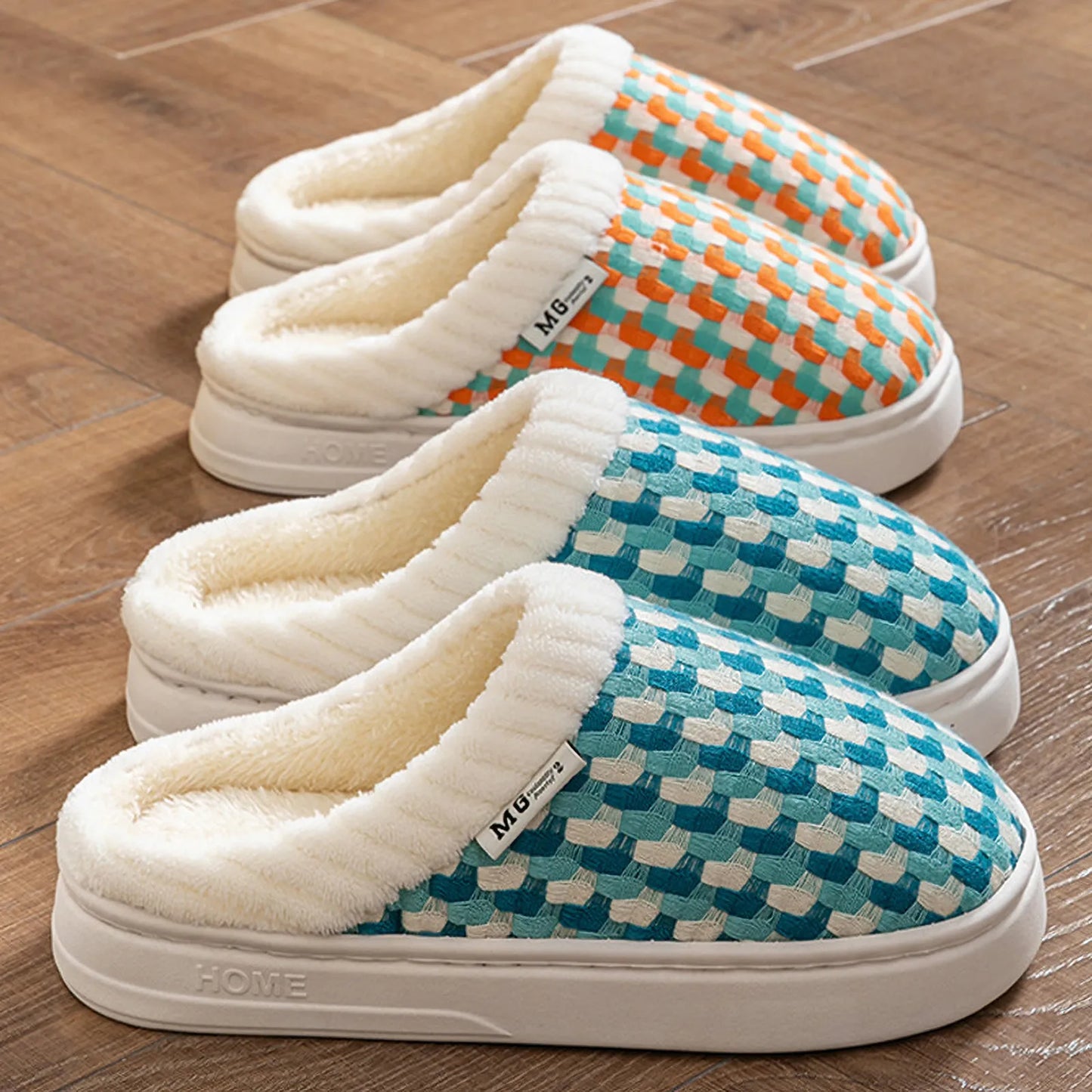 Fuzzy Woven Gingham Plush House Slippers