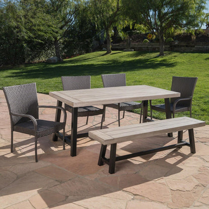 Christopher Knight Home Cooper Outdoor Stacking Wicker Dining Set with Acacia Wood Table and Bench, 6-Pcs Set, Sandblast Light Grey / Black Rustic Metal / Grey Dining Sets Lawn & Garden Patio Patio Furniture & Accessories Patio Furniture Sets