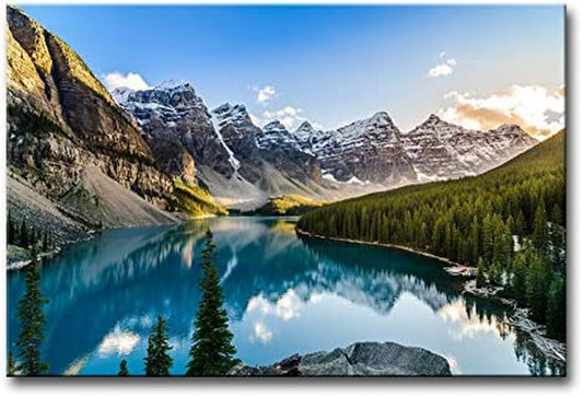 Colorado Wall Art Snow Mountain and Moraine Lake National Park Landscape Modern Artwork Painting Print on Canvas Framed Picture for Living Room Home Decoration Home & Kitchen Posters & Prints Wall Art