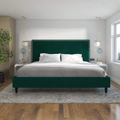 Cosmoliving by Cosmopolitan Audrey Upholstered, Emerald Green Velvet, King Size Frame Bed Bedroom Furniture Beds Frames & Bases Furniture Home & Kitchen