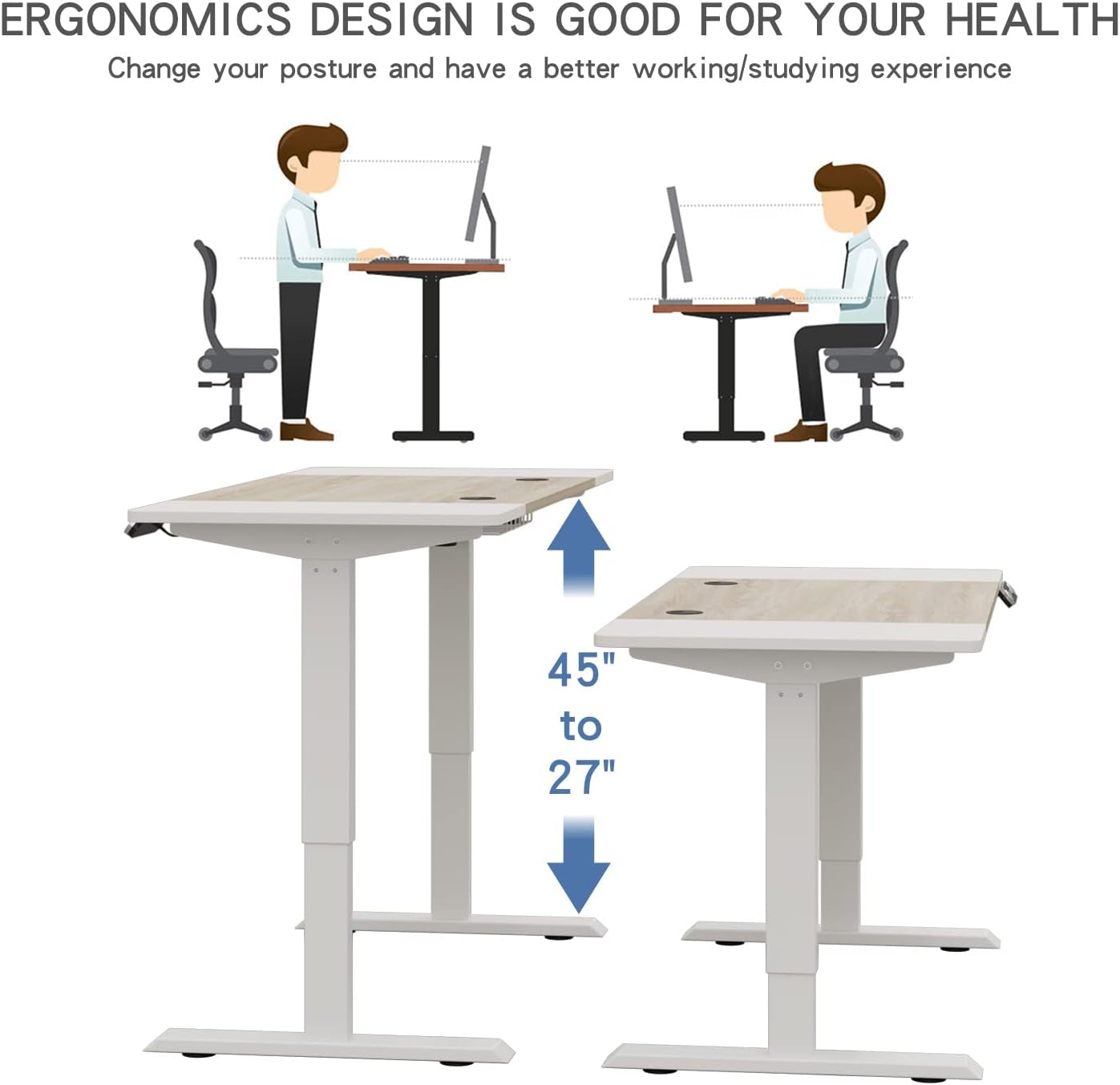 Height Adjustable Electric Standing Desk, Sit to Stand Desk Home Office Computer Desk, 55 X 24 Oak and White Top, White Frame Furniture Home & Kitchen Home Office Desks Home Office Furniture