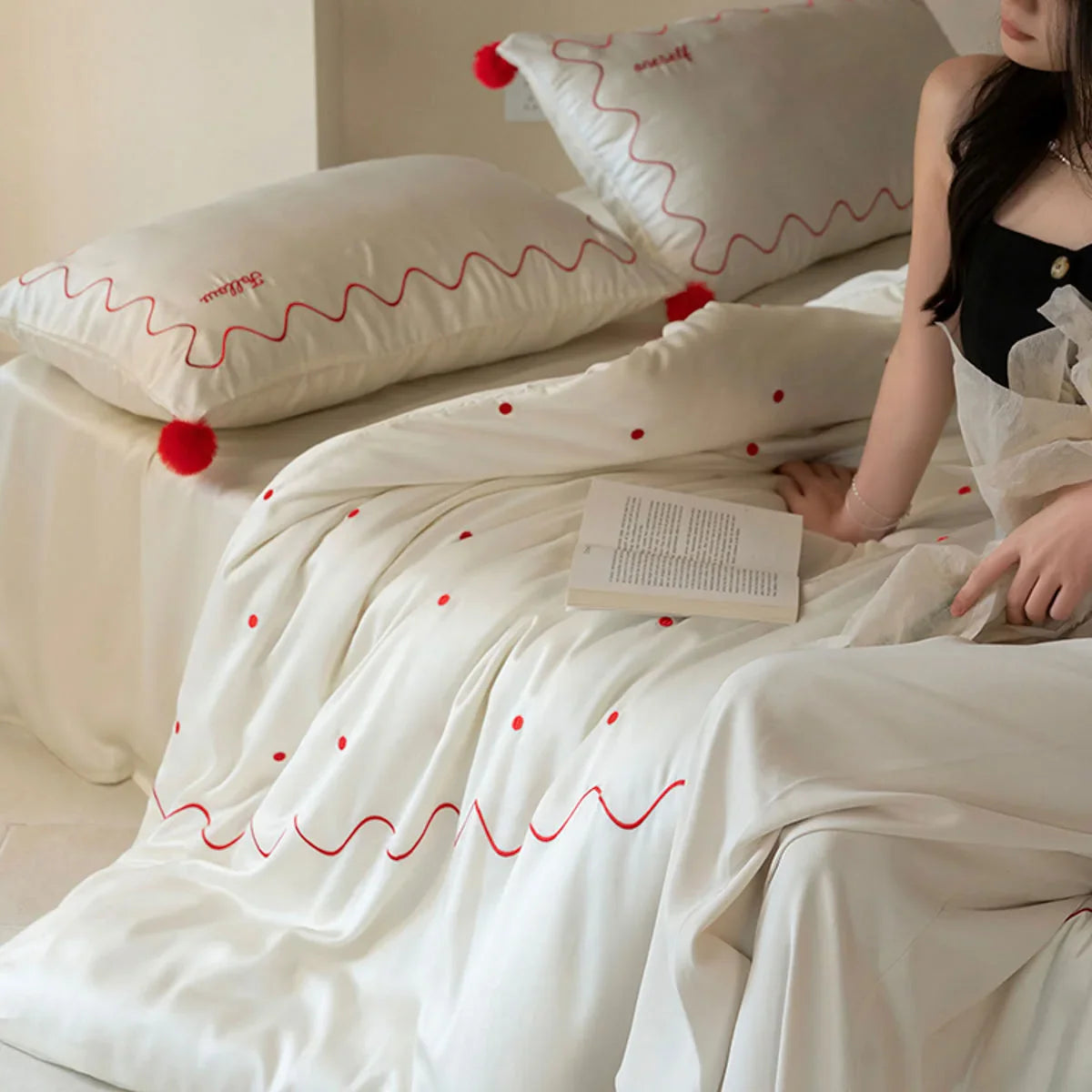 Silky Pom Pom Wavy Embroidered Tencel Bedding Set