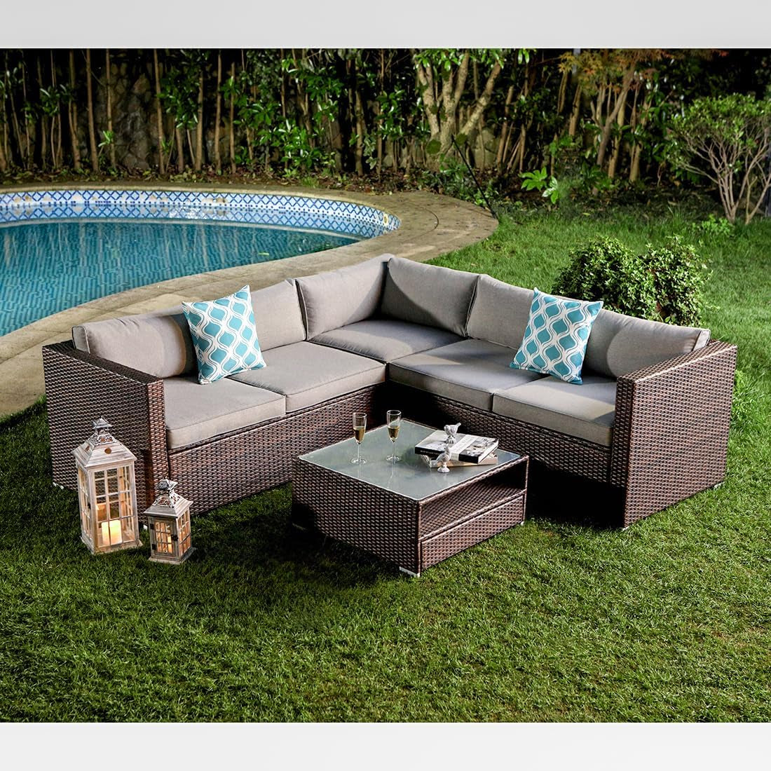 COSIEST 4-Piece Outdoor Furniture Set All-Weather Brown Wicker Sectional Sofa W Warm Gray Thick Cushions, Glass Coffee Table, 2 Teal Pattern Pillows Lawn & Garden Patio Patio Furniture & Accessories Patio Seating Sofas