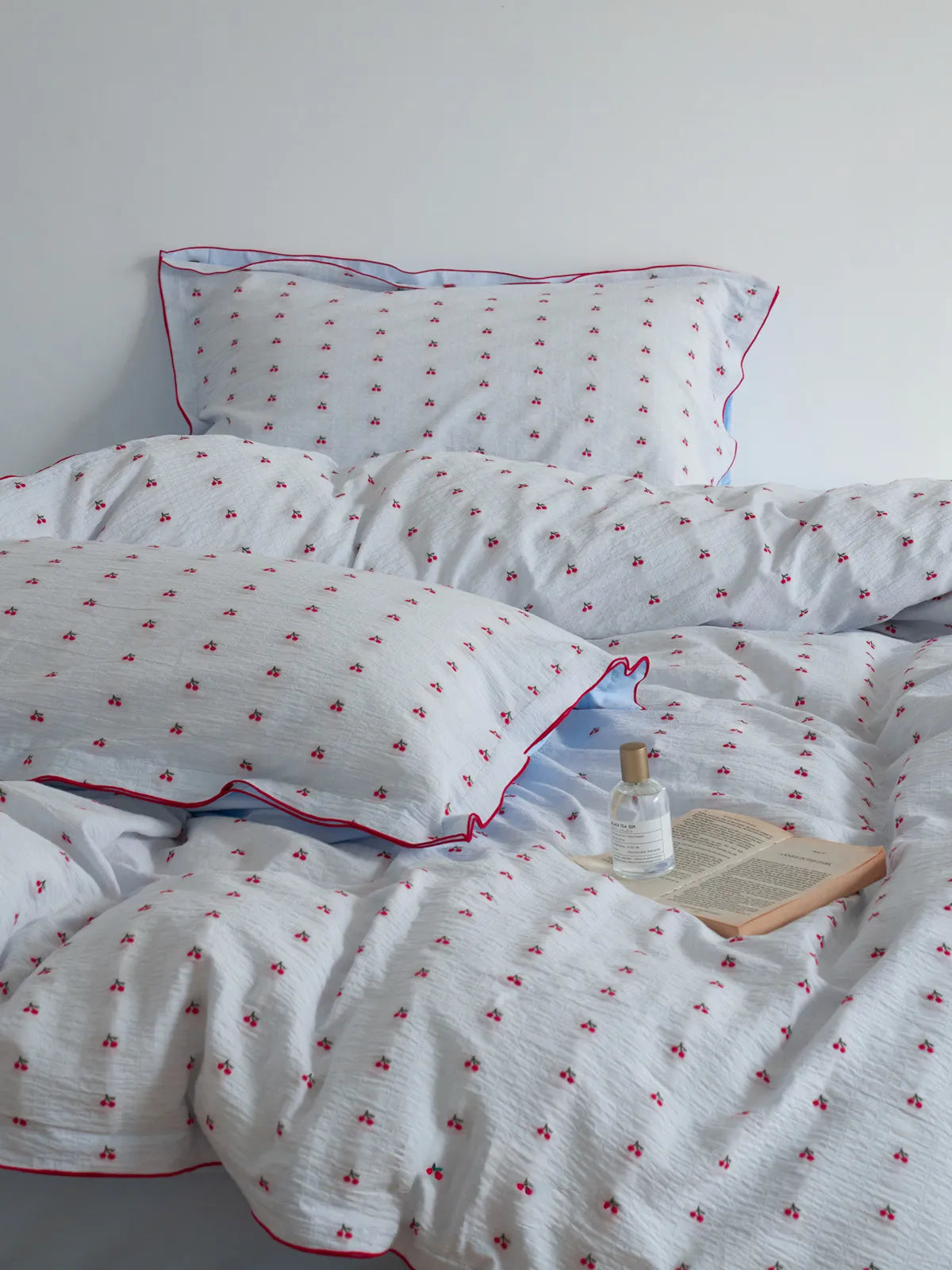 Ruffled Cherry Print Washed Cotton Bedding Set